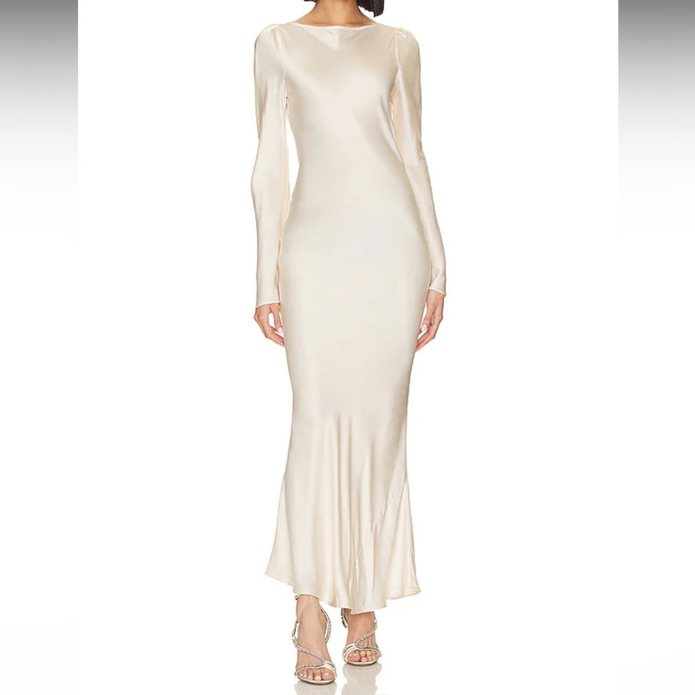 Revolve Ivory Maxi Long Sleeve Open Back Slip Dress